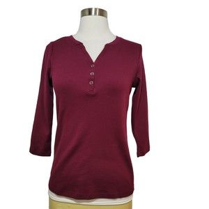 Karen Scott Maroon Women's 3/4 Sleeve Henley Cotton Top Size 2 Petite